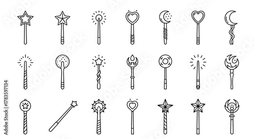 Collection of simple, isolated line icons representing magic wands, featuring stars, hearts, moons, and circular designs. These editable stroke vector cartoon illustrations are perfect for web