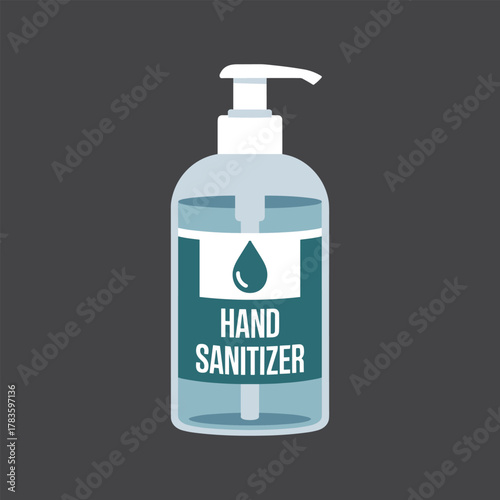 Clear plastic hand sanitizer bottle with white pump dispenser and teal label featuring a water drop icon and text vector illustration.