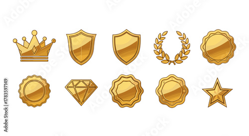 Collection of ten golden awards and symbols including a crown, shields, laurel wreath, seals, a diamond, and a star, presented in a clean, ordered line on a white background, perfect for luxury