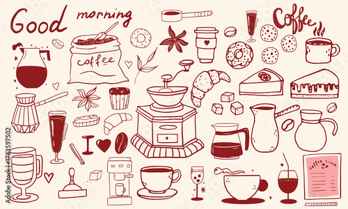 Hand drawn coffee chalk vector illustrations. Minimalist line art. Vector illustration of coffee icons crayon drawing style. Illustration for invitations, menus design, social media. La dolce vita