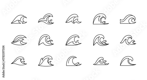 Collection of fifteen simple and minimalist wave outline logos and icons, presented as a vector cartoon illustration on a clean white background, perfect for aquatic themes, surfing, or coastal