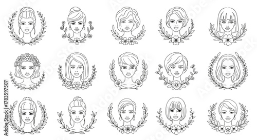 Collection of fifteen diverse female faces with various hairstyles, rendered in a clean line art style, each framed by elegant floral and leaf wreaths, perfect for beauty, fashion, and lifestyle