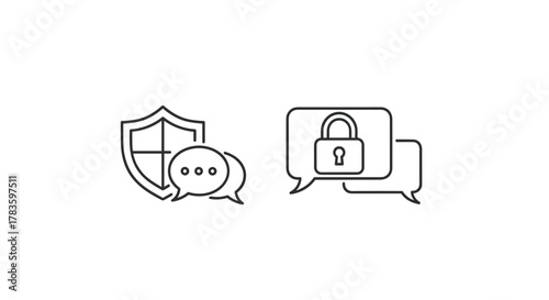 Set of two line-style icons representing secure and private communication: a shield with a chat bubble indicating protected messages, and a lock icon within a message bubble symbolizing encrypted