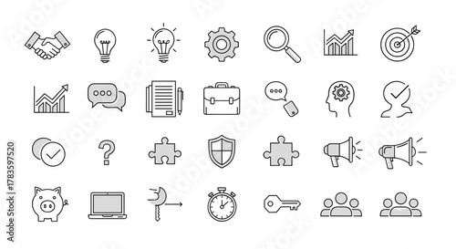 A comprehensive collection of business and finance-related editable line icons, featuring concepts like handshake, idea, strategy, search, growth, target, communication, documents, briefcase