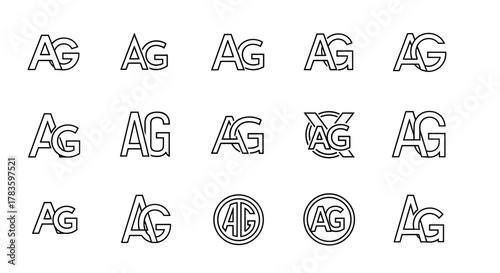 Set of AG monogram logos, letter A and G combined in various creative and modern designs, presented as clean line art vector illustrations on a white background, ideal for branding and graphic design