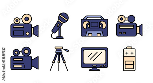 Vivid and descriptive set of solid filled icon graphics representing video recording equipment, including a video camera, microphone, tripod, video tape, monitor, and battery, presented in a clean