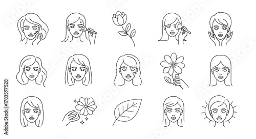 Set of linear style vector illustrations depicting women's beauty and skincare routines, featuring facial treatments, makeup application, natural elements like flowers and leaves, and sun protection