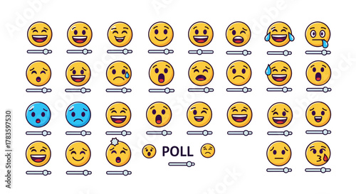 Collection of diverse emoji faces with varying expressions, including happy, sad, surprised, and crying, each paired with a slider control, presented as vector cartoon stickers on a clean white