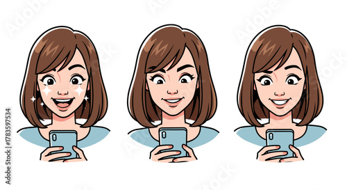 Set of three cartoon illustrations of a young woman with brown hair, holding a smartphone and displaying different joyful facial expressions, including sparkling eyes and a wide smile, conveying