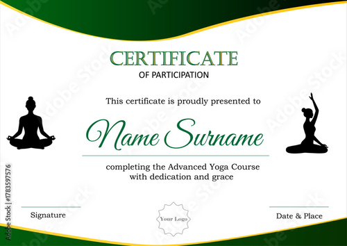 Green & Gold Theme yoga certificate with Dual Pose Silhouettes