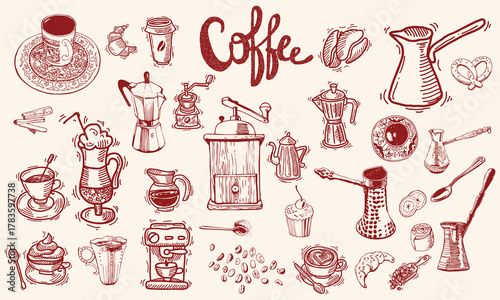 Hand drawn coffee chalk vector illustrations. Minimalist line art. Vector illustration of coffee icons crayon drawing style. Illustration for invitations, menus design, social media. La dolce vita