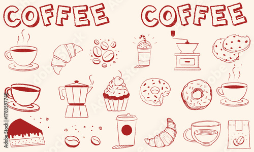 Hand drawn coffee chalk vector illustrations. Minimalist line art. Vector illustration of coffee icons crayon drawing style. Illustration for invitations, menus design, social media. La dolce vita