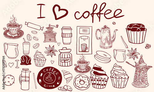 Hand drawn coffee chalk vector illustrations. Minimalist line art. Vector illustration of coffee icons crayon drawing style. Illustration for invitations, menus design, social media. La dolce vita