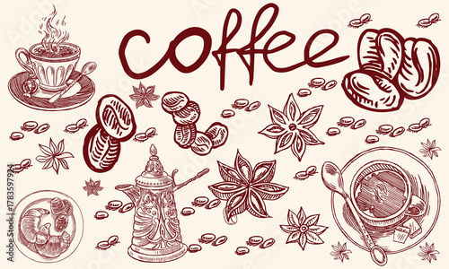Hand drawn coffee chalk vector illustrations. Minimalist line art. Vector illustration of coffee icons crayon drawing style. Illustration for invitations, menus design, social media. La dolce vita
