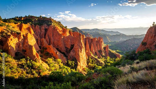 Fototapeta Naklejka Na Ścianę i Meble -  Sunlit orange sandstone formations in a green valley lead to distant mountains under a blue sky with wispy clouds