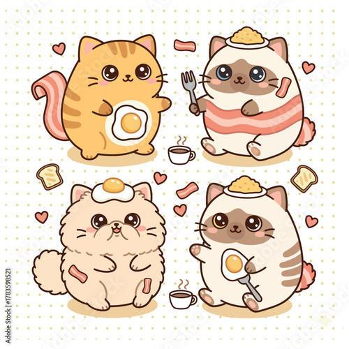 Bacon and Eggs Vector Set  Cartoon Breakfast Food Characters, Cute Fried Egg and Crispy Bacon Design 