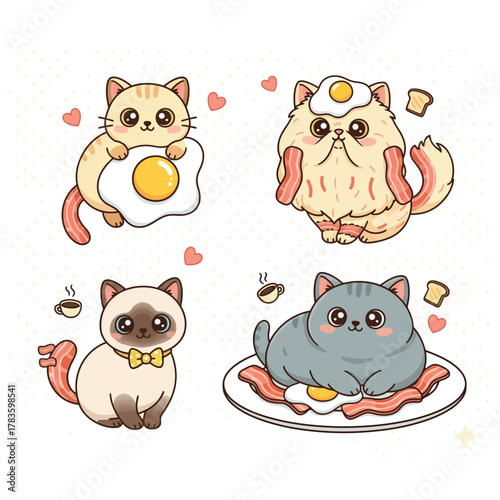 Bacon and Eggs Vector Set  Cartoon Breakfast Food Characters, Cute Fried Egg and Crispy Bacon Design 