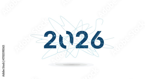 Modern abstract design featuring the year 2026 in large dark blue numerals with a light blue swirling network overlay and a subtle shadow effect on a white background