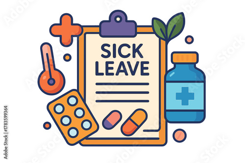 Sick leave form with medicine, thermometer, and health symbols  