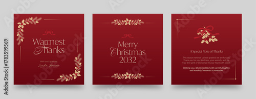 Luxury Red and Gold Christmas Thank You Card Set — Elegant Holiday Greeting Vector Templates