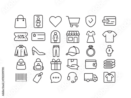 Fashion, Clothing, and Shopping Line Icon Set. Accessories, Retail, E-commerce, and Payment Editable Vector Icons.