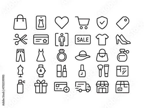 Fashion and E-commerce Line Icon Set. Shopping, Delivery, Cosmetics, and Accessories Editable Stroke Vector Icons Collection.