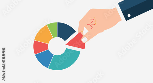 A hand is taking a slice from a pie chart, representing data analysis and business strategy.