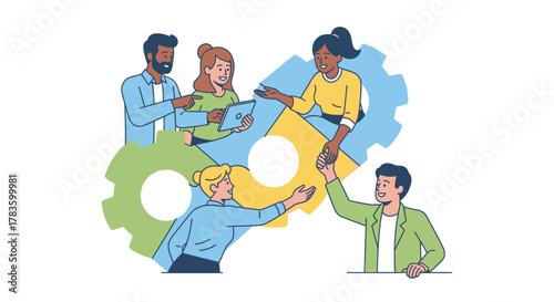 Teamwork illustration: diverse people collaborating with gears, symbolizing synergy and problem-solving.