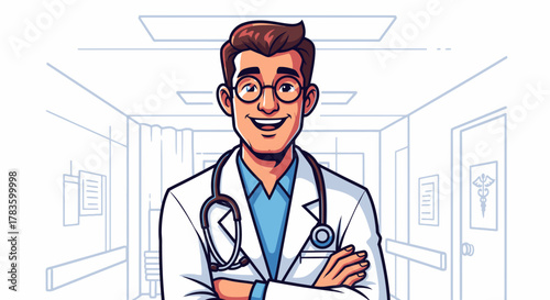 A smiling male doctor wearing a white lab coat and stethoscope stands in a hospital hallway.