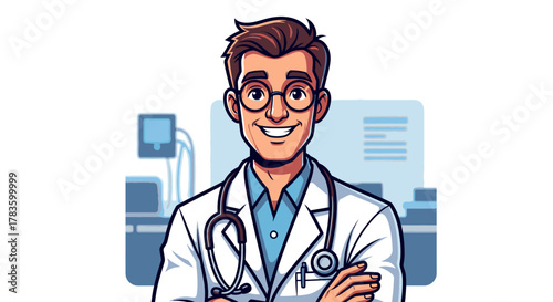 Friendly cartoon male doctor with glasses and stethoscope in a medical setting, smiling with arms crossed, representing healthcare and professionalism.