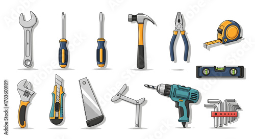Illustration of various hand tools including wrenches screwdrivers and measuring instruments displayed neatly