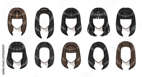 Collection of ten different hairstyles with bangs and varying hair colors on mannequin heads