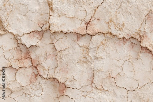 A textured surface of light beige and cream, displaying a network of deep cracks filled with muted rose tones, evoking a sense of dryness and age.