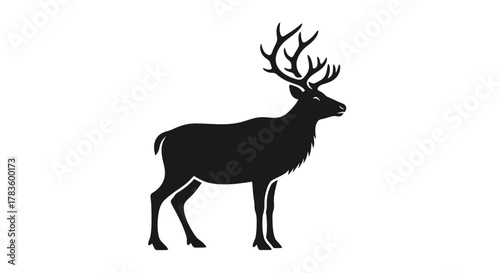 A striking black silhouette of a majestic stag with large, branching antlers stands proudly against a clean white background.