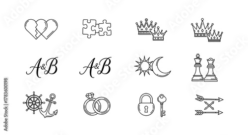Collection of line art icons representing love, union, and partnership symbols in black and white style