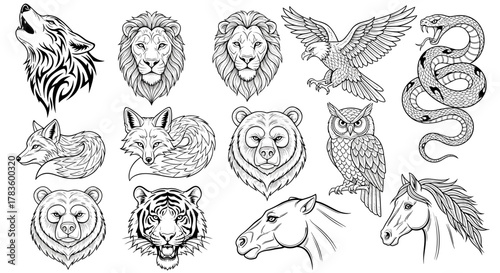 Illustration featuring a variety of animal heads including lions, bears, and a soaring eagle design