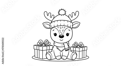 A cute baby reindeer wearing a winter hat and scarf, sitting between two gift boxes, black and white line art.