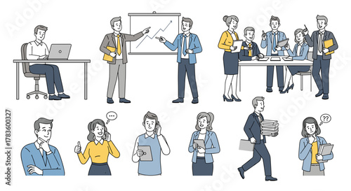 Illustration of business people in various office settings and professional activities in black and white style