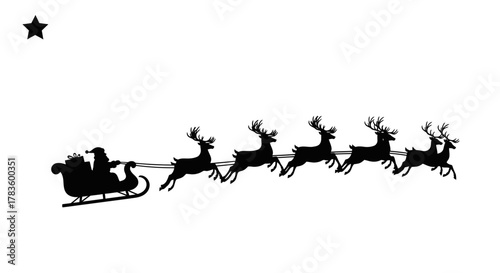 Silhouette of Santa Claus in sleigh pulled by reindeer, with star.