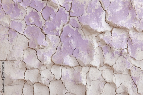 A close-up view of cracked, dried earth, exhibiting a network of deep fissures, colored with muted lavender hues.