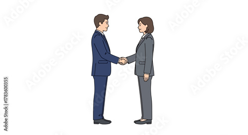 Illustration of a man and woman in business attire shaking hands.
