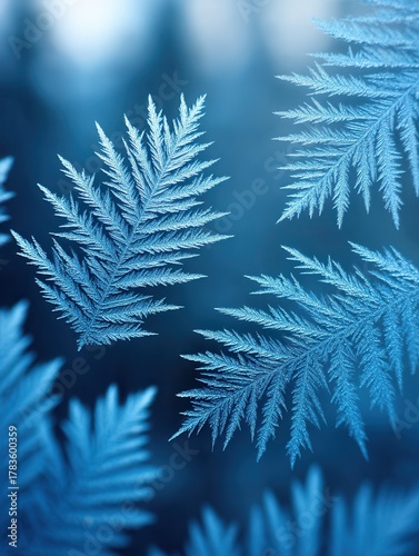 Close-up of frosted fern leaves showcasing intricate details and cool blue tones, creating a serene and tranquil atmosphere.