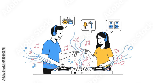 Two DJs wearing headphones collaborating and mixing music on a DJ console with musical notes and sound waves emanating from it.