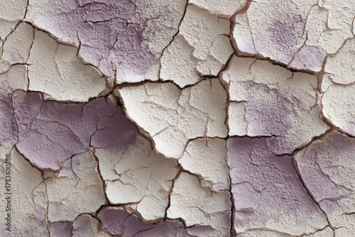 Close-up view of a textured surface, showcasing deep cracks and muted lavender-gray hues, suggesting a dry and weathered landscape or aging material.
