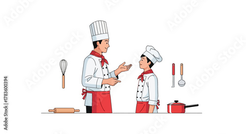 Illustration of two chefs, one adult and one child, in chef's hats and uniforms, with cooking utensils around them.