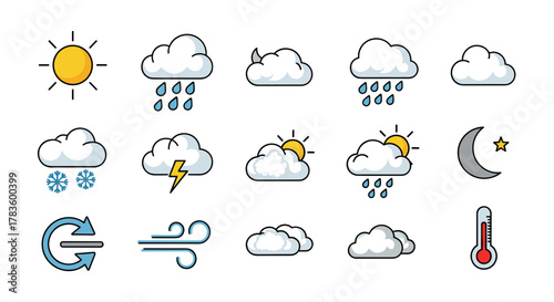 Illustration of various weather condition icons including sun, clouds, rain, snow, wind, and temperature