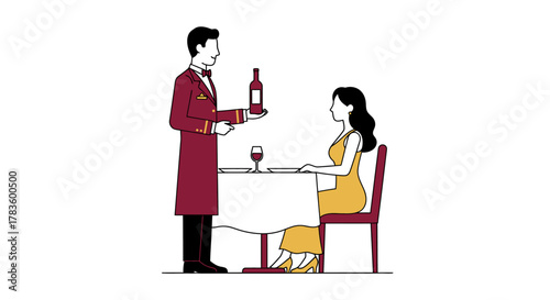 A waiter presenting a bottle of wine to a woman seated at a restaurant table.