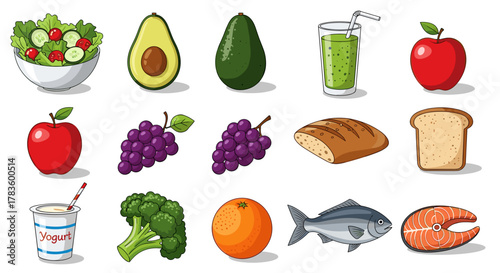 Illustration showing a variety of healthy foods including fruits vegetables and protein sources displayed