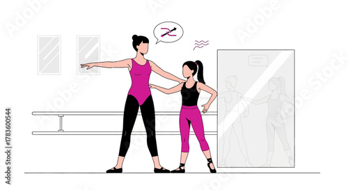 A ballet instructor guides a young girl, correcting her posture in a dance studio.