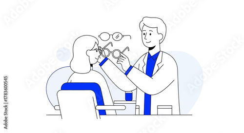 Optometrist helping a patient choose eyeglasses, with several pairs displayed in the background.